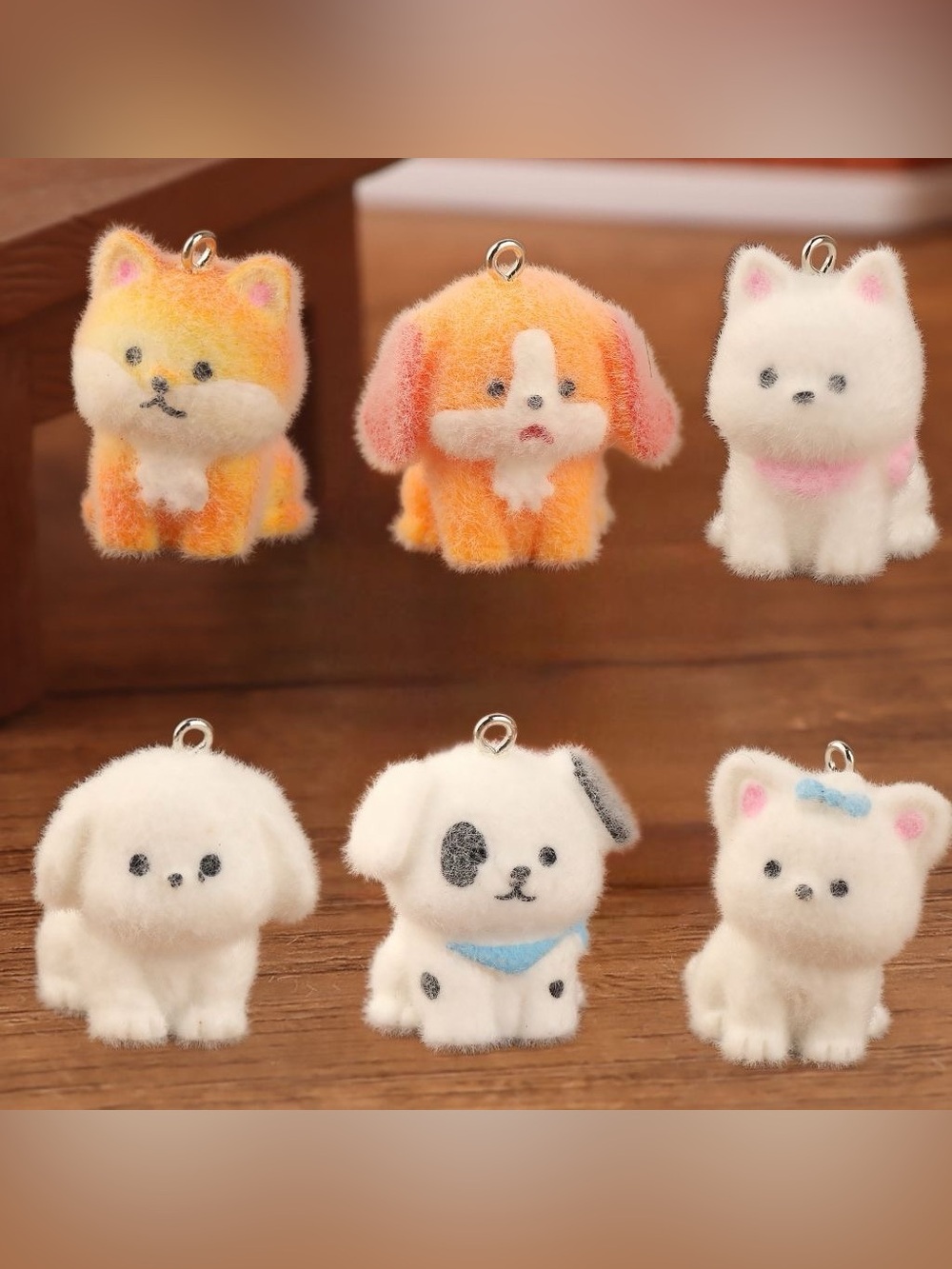 Adorable Fuzzy Dog Charm Keychain Set 6 PCs-Cute Mini Puppy Pet Phone Charms